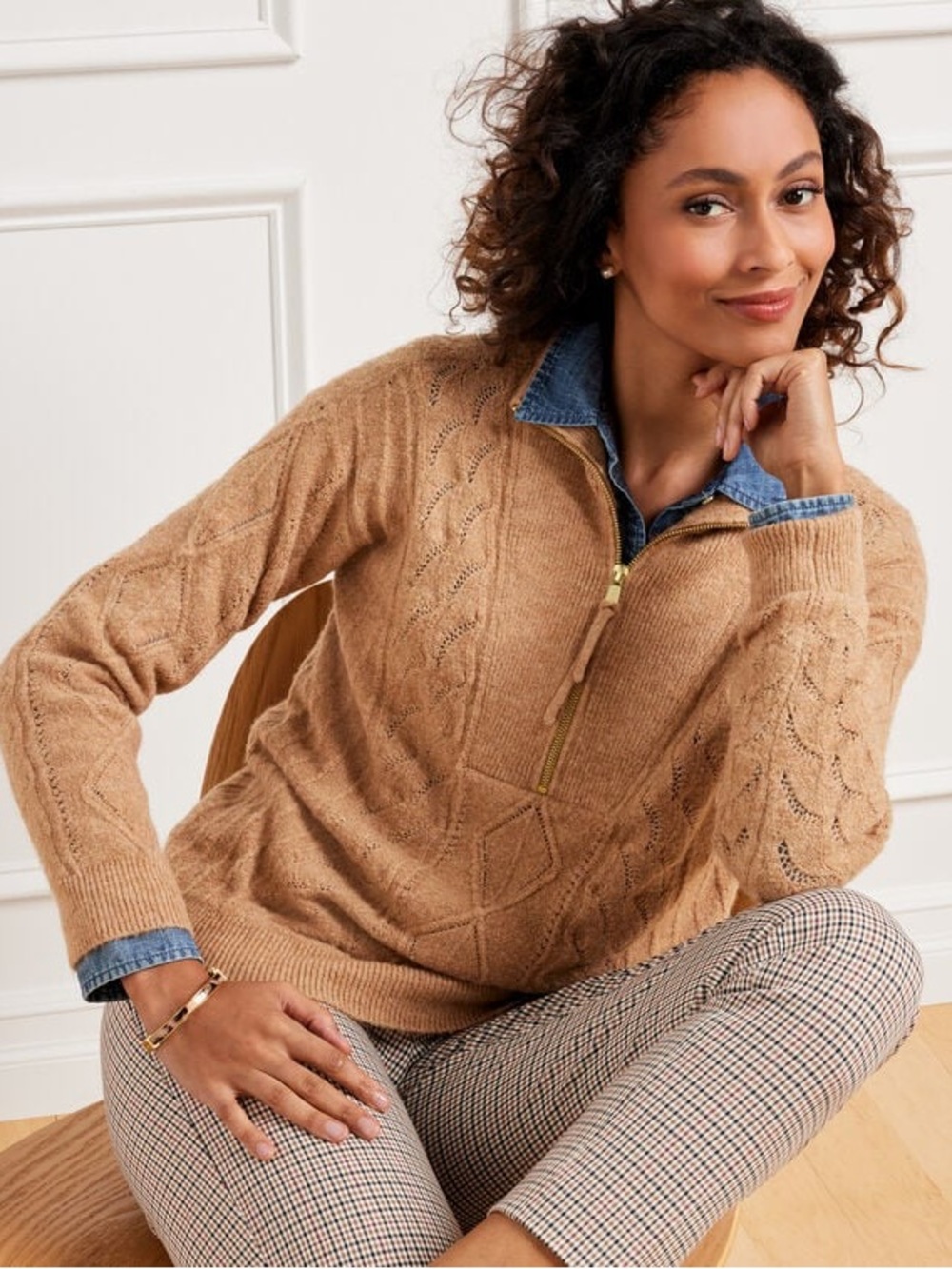 Talbots 2x Cable Knit Zip Collar Sweater Camel Brown Pullover